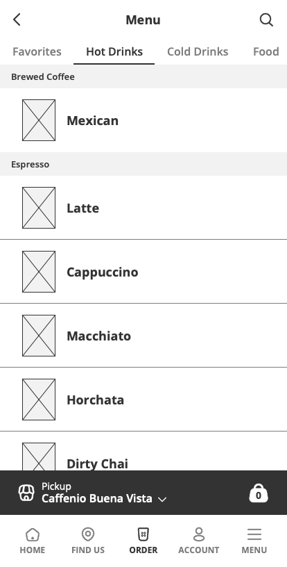 Caffenio Wireframe Menu